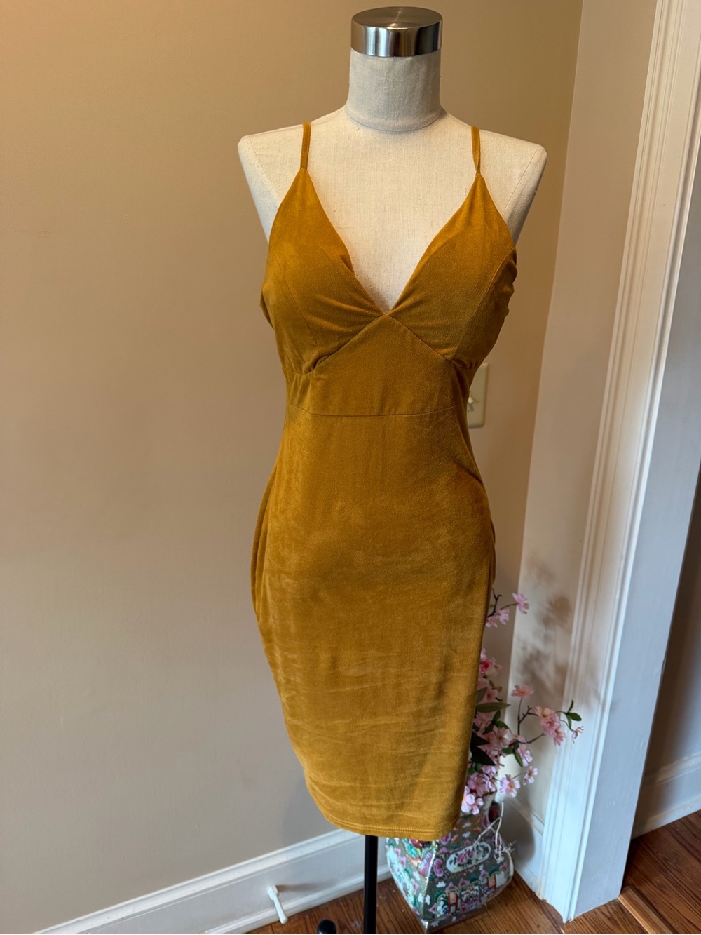 J for Justify Mustard Velvet Spaghetti Strap Midi Dress